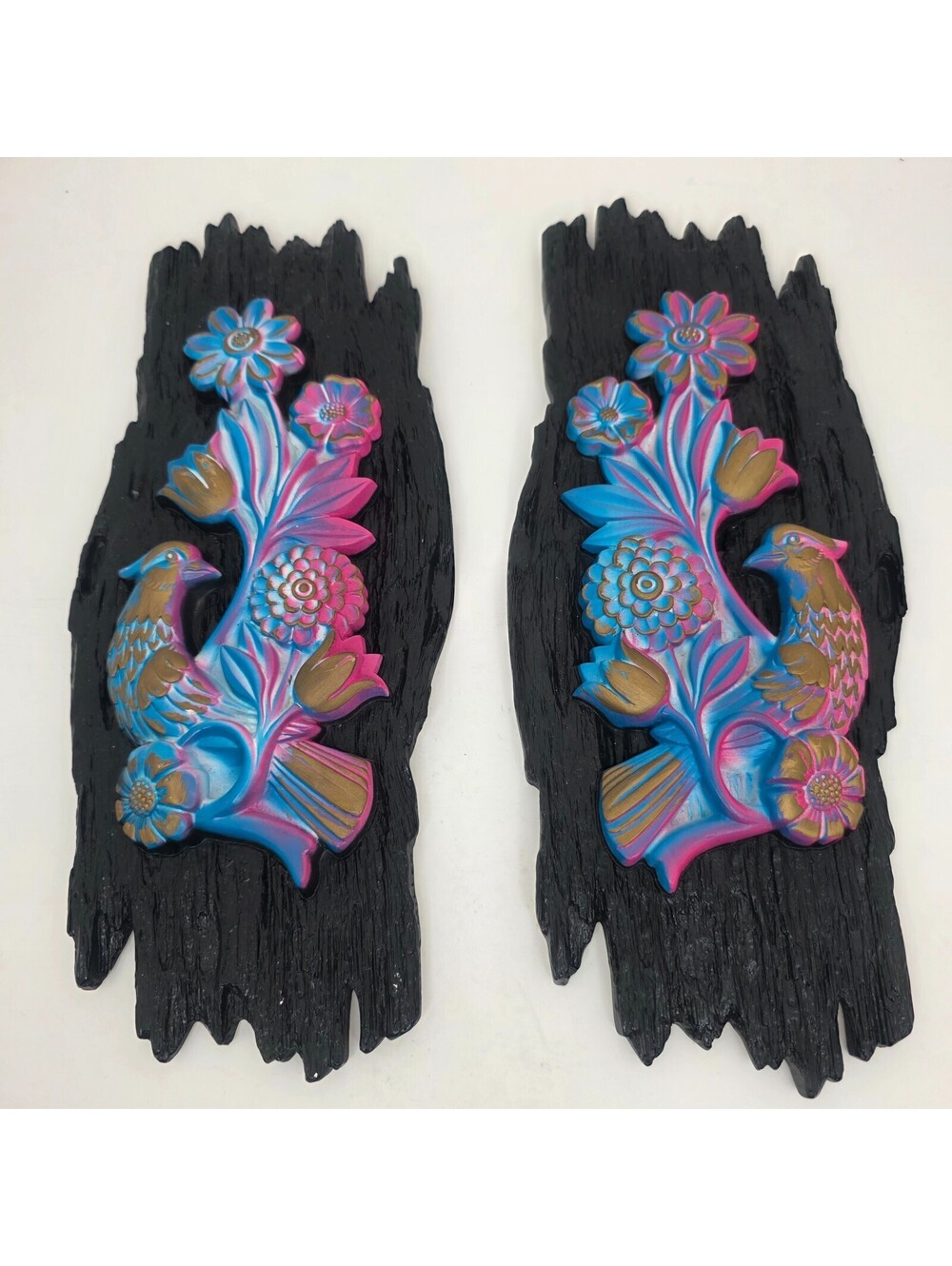 Vtg MCM Sexton Chalkware Wall Plaques Pair 3D Birds Flowers Tree Bark Black Gold